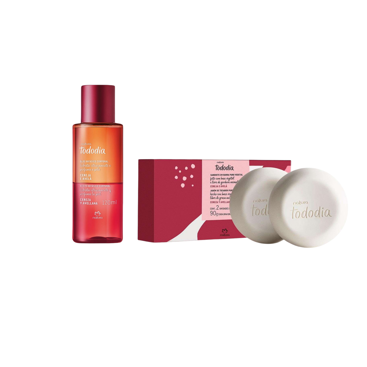 CEREJA E AVELÃ: KIT Óleo Bifásico Corporal 120ml + Caixa de Sabonete 2x90g
