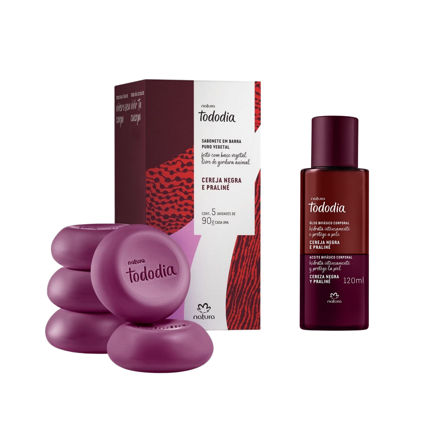 CEREJA NEGRA E PRALINÉ Kit Óleo Corporal + Caixa de Sabonete