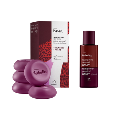 CEREJA NEGRA E PRALINÉ Kit Óleo Corporal + Caixa de Sabonete