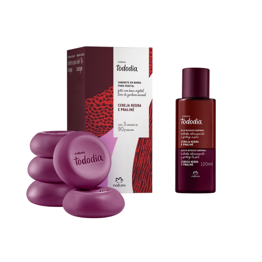 CEREJA NEGRA E PRALINÉ Kit Óleo Corporal + Caixa de Sabonete